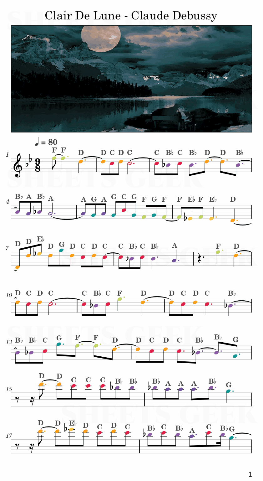 Clair De Lune - Claude Debussy Easy Sheets Music Free for piano, keyboard, flute, violin, sax, celllo 1