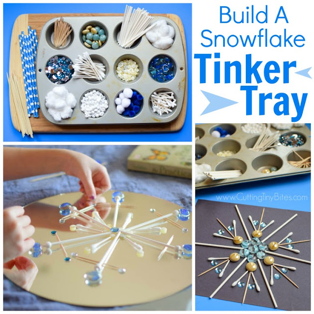 Winter STEM- Build A Snowflake Tinker Tray.  Use loose parts to build snowflakes.  Explore radial symmetry as you incorporate math, science, fine motor work, and creativity in this activity for preschoolers, kindergartners, and elementary kids.