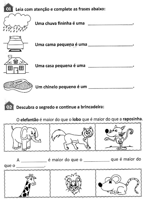 Atividades de português aumentativo e diminutivo