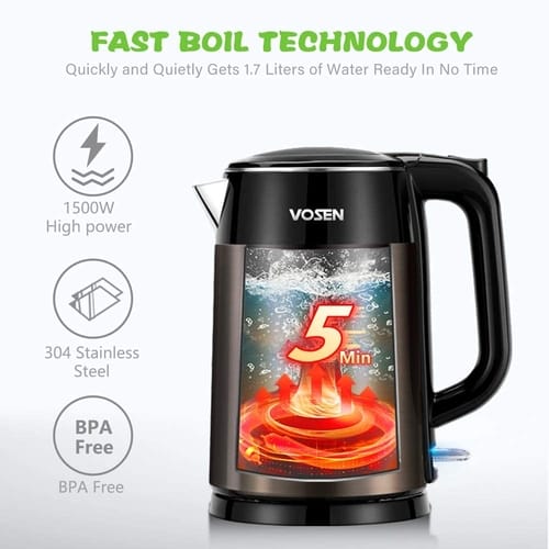 VOSEN Double Wall Stainless Steel Electric Kettle