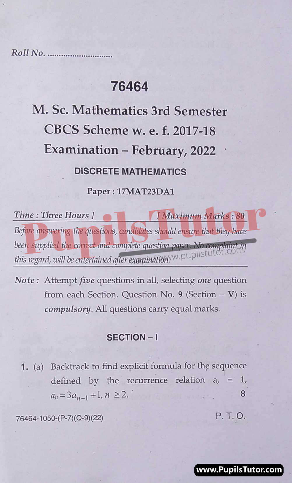 MDU (Maharshi Dayanand University, Rohtak Haryana) MSc Mathematics CBCS Scheme Third Semester Previous Year Discrete Mathematics Question Paper For February, 2022 Exam (Question Paper Page 1) - pupilstutor.com