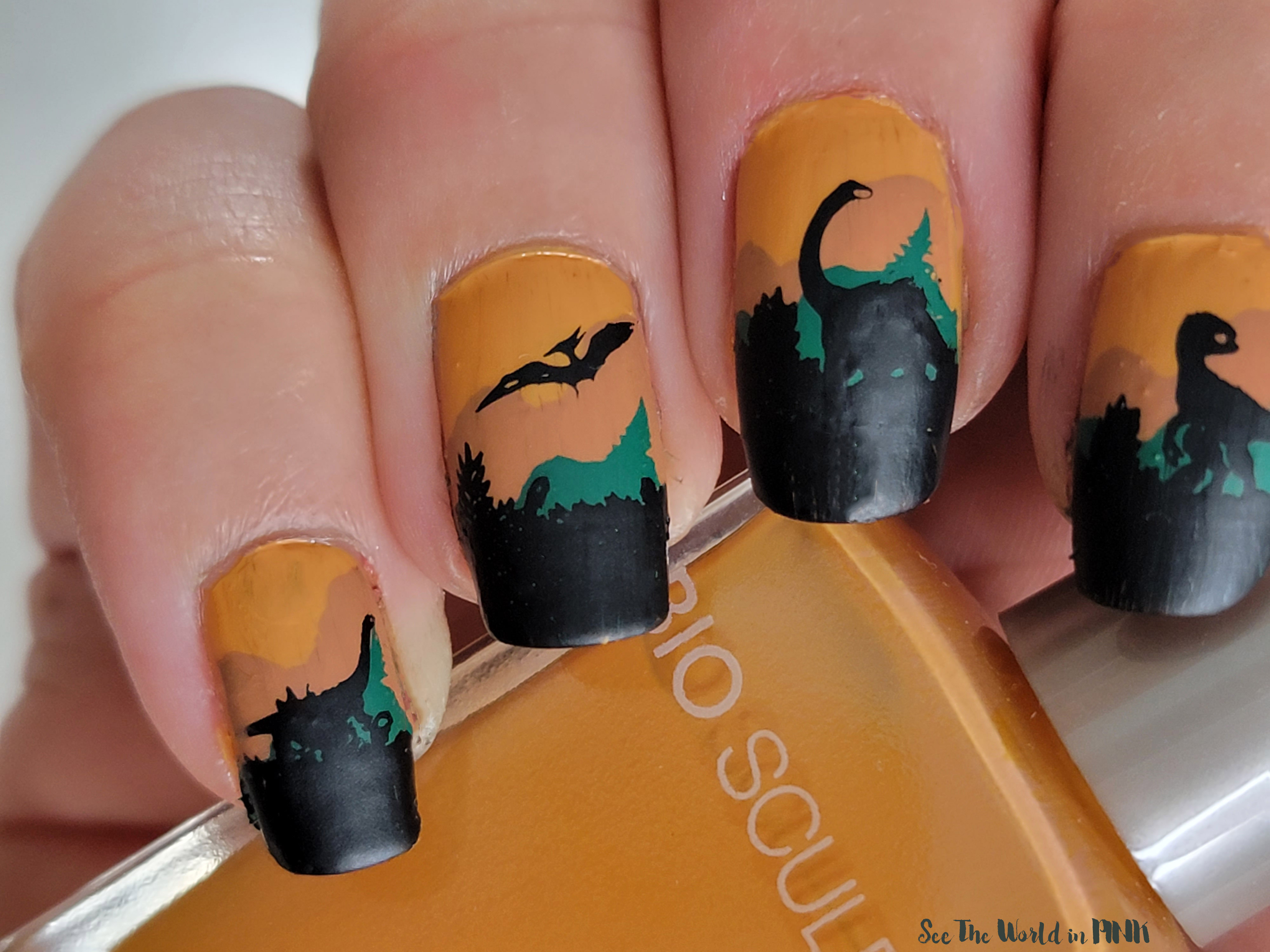 Manicure Monday - Fall Stamped Jurassic Park Dinosaur Nails