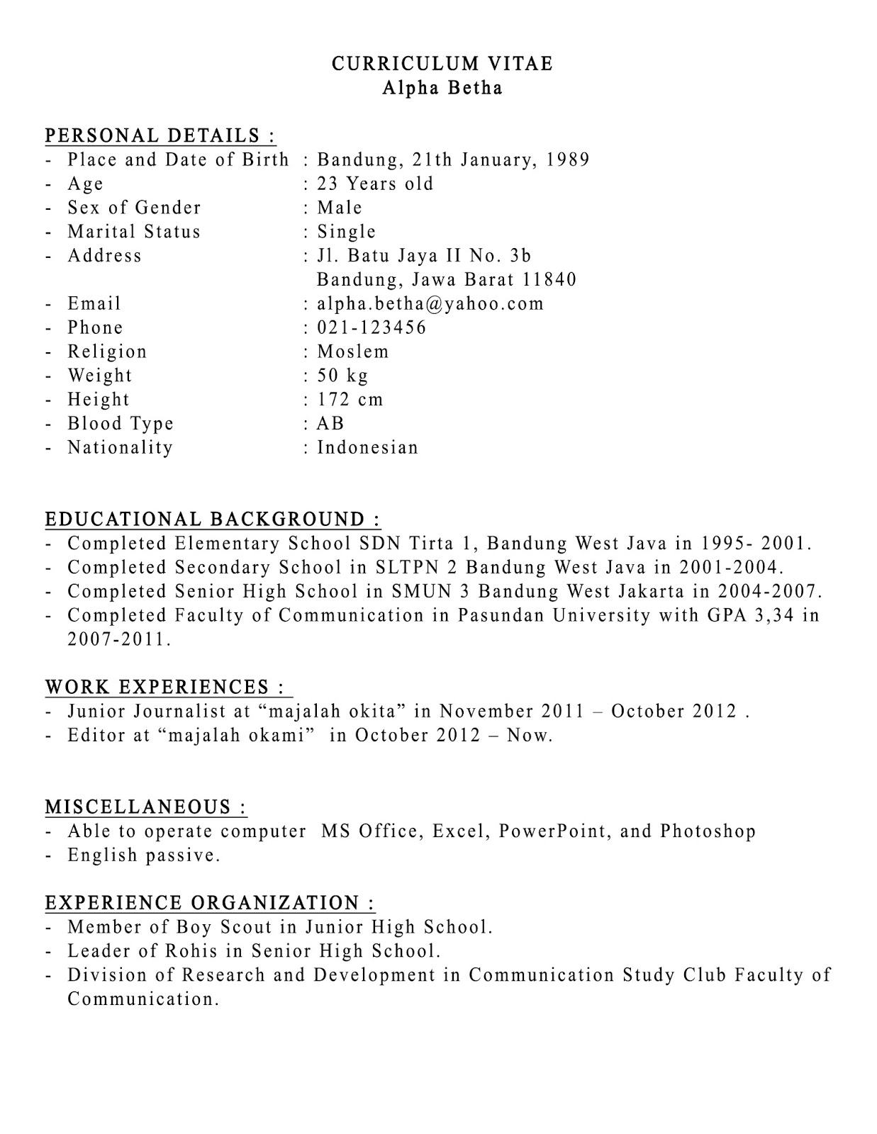 Contoh Cv Dalam Bahasa Inggris - cv nabila