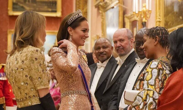 Kate Middleton wore a pink Jenny Packham gown. The Lover's Knot tiara. Camilla sported the Girls of Great Britain and Ireland Tiara
