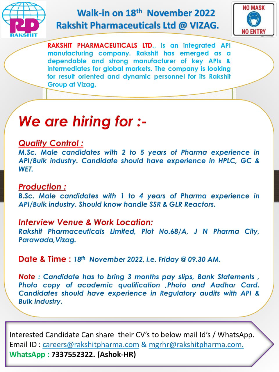 Job Availables, Rakshit Pharmaceuticals Ltd Walk-In Interview for QC/ Production Department