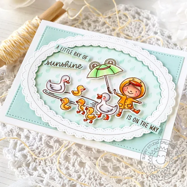 Sunny Studio Stamps: Puddle Jumpers Card by Nicky Meeks (featuring Stitched Rectangle Dies, Fancy Frame Oval Dies, Rain Showers)