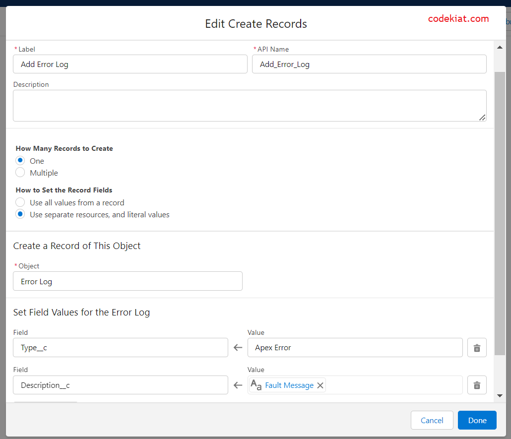 Fault path error log creation