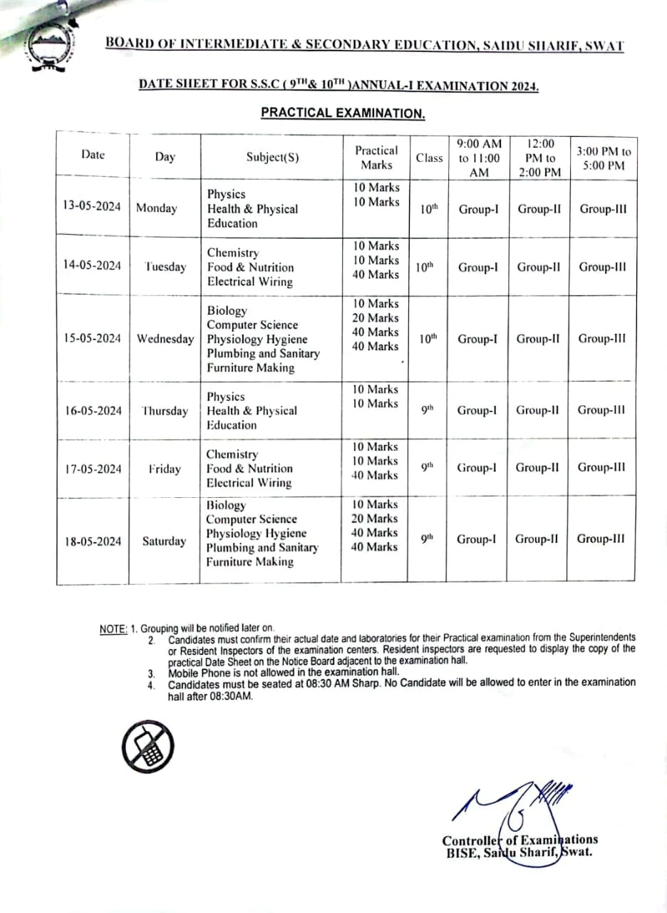 BISE Swat Date Sheet SSC 2024 1st Annual