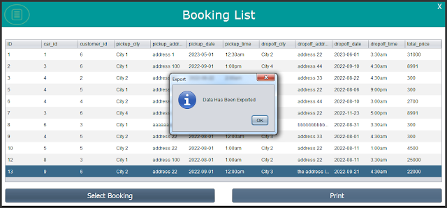 Java Car Rental System Booking List Form 2