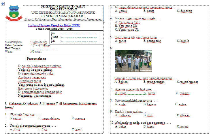 Soal UKK Bahasa Sunda Kelas 1 SD  Kumpulan Soal