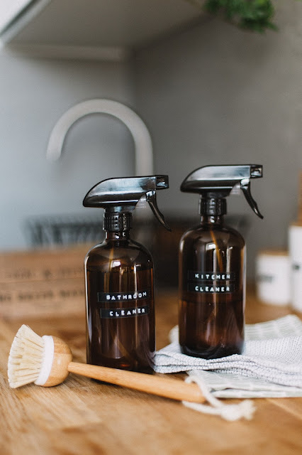 home made cleaning products in brown glass bottles