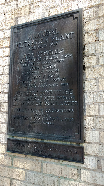 Municipal Filtration Plant, Erected 1929, City Officials J. Gilbert St. Julien, Mayor, Trustees of Public Safety, Louis Chopin, ...