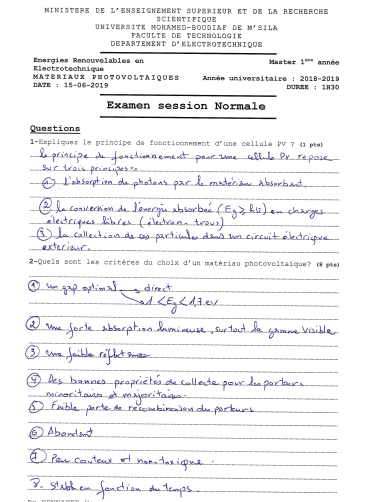 examen corrigé materiaux photovoltaique 2019