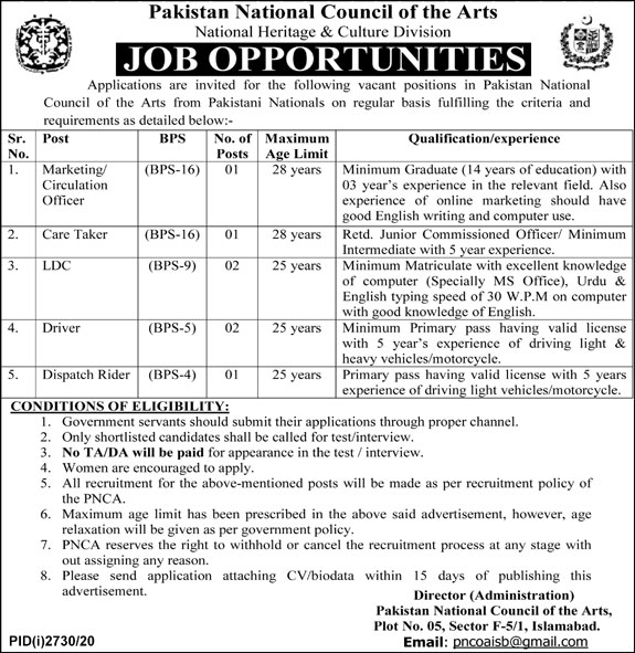 Pakistan National Council of Arts PNCA Jobs 2020 for Marketing Officer, Circulation Officer, Care Taker, LDC, Lower Division Clerk, Clerk, Driver, LTV Driver and Dispatch Rider