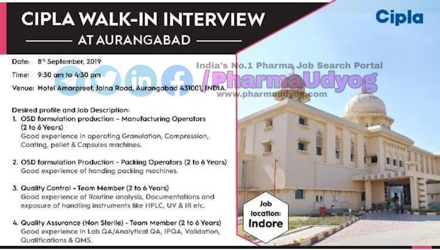 Cipla | Walk-in for Production- QC- QA | 8 September 2019 | Aurangabad
