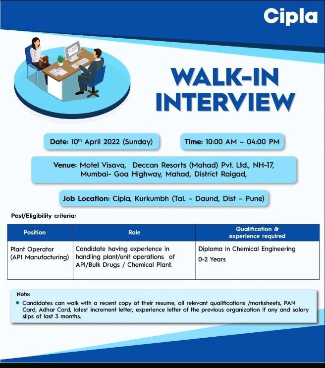 Job Availables,Cipla Limited Walk-In-Interview For Diploma Chemical Engineering- Freshers/ Experienced