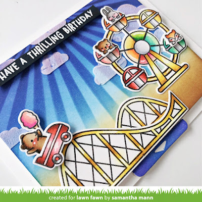 Coaster Critters Card by Samantha Mann for Lawn Fawn, Flippy Flappy, Distress Inks, Interactive Cards, Card Making, Roller Coaster, Wheely Great Day, Die Cutting, #lawnfawn #distressinks #interactivecard #cardmaking #handmadecards #flippyflappy #lawnfawnstamps