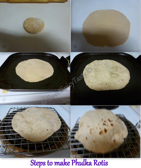 Phulka Rotis are the oil free version of chapathi or Indian Flat bread  where the dough after rolling is first lightly toasted on a griddle / tawa and then cooked on an open flame which helps in Puffing up of the roti, rotis, fulka , chukka rotti , sukka roti , phulkas , phulka , fulka , sukha roti , rotti