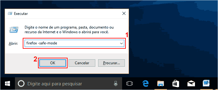 Digitando o comando Firefox -safe-mode no Executar