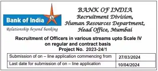 Bank of India Specialist Officer Vacancy Recruitment 2024