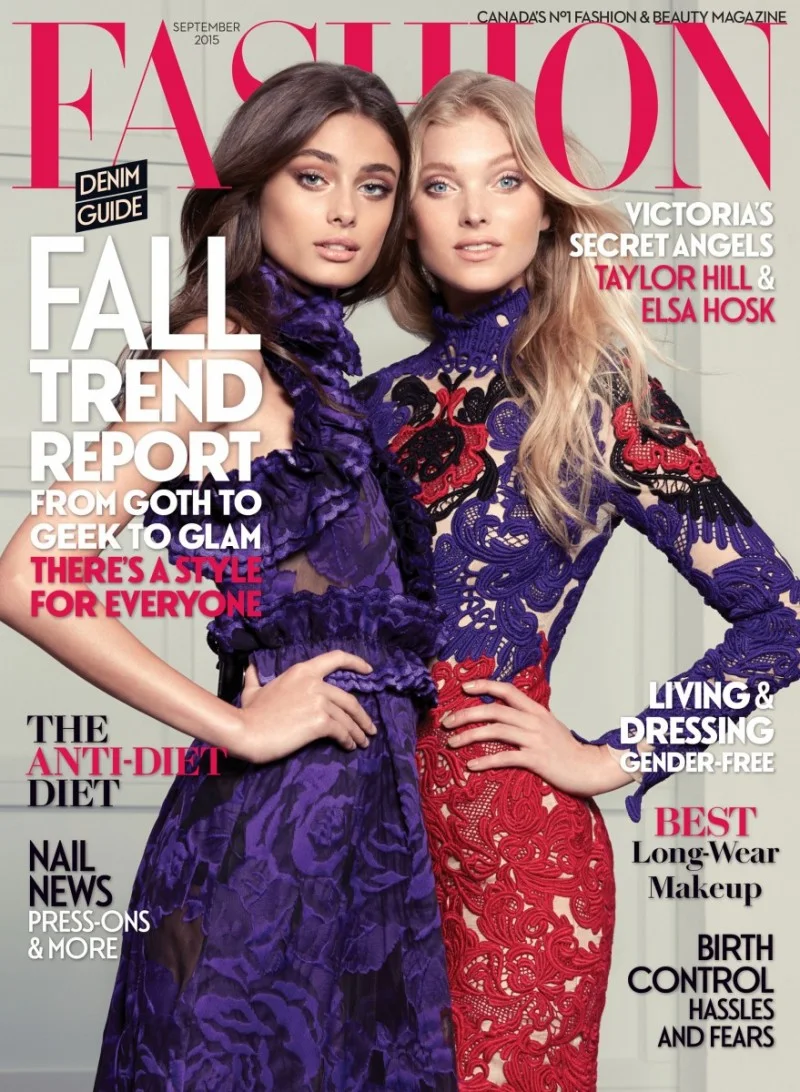 Elsa Hosk and Taylor Hill wear lace dresses for Fashion Magazine September 2015