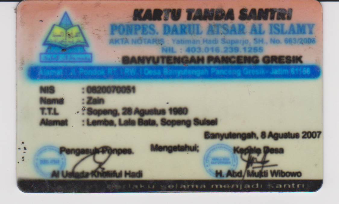 Kartu Tanda Santri | Ponpes Darul Atsar al Islamy | Banyu Tengah Panceng Gresik