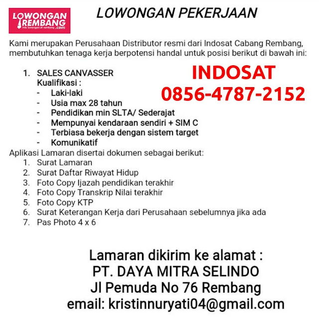 Lowongan Kerja Sales Canvasser PT Daya Mitra Selindo Indosat Ooredoo Rembang