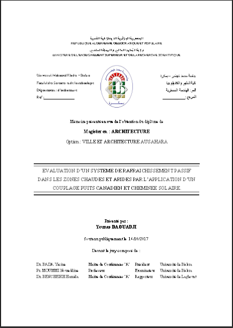 evaluation d'un systeme de de rafraichissement passif dans les zones chaudes et arides par l'application d'un couplage puit canadien et cheminee solaire by younes daouadji