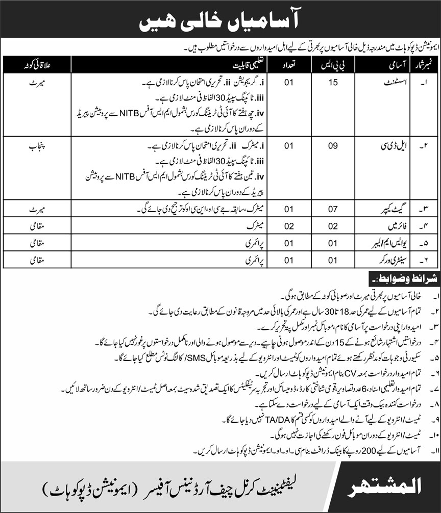 Pakistan Army Ammunition Depot Jobs October 2020