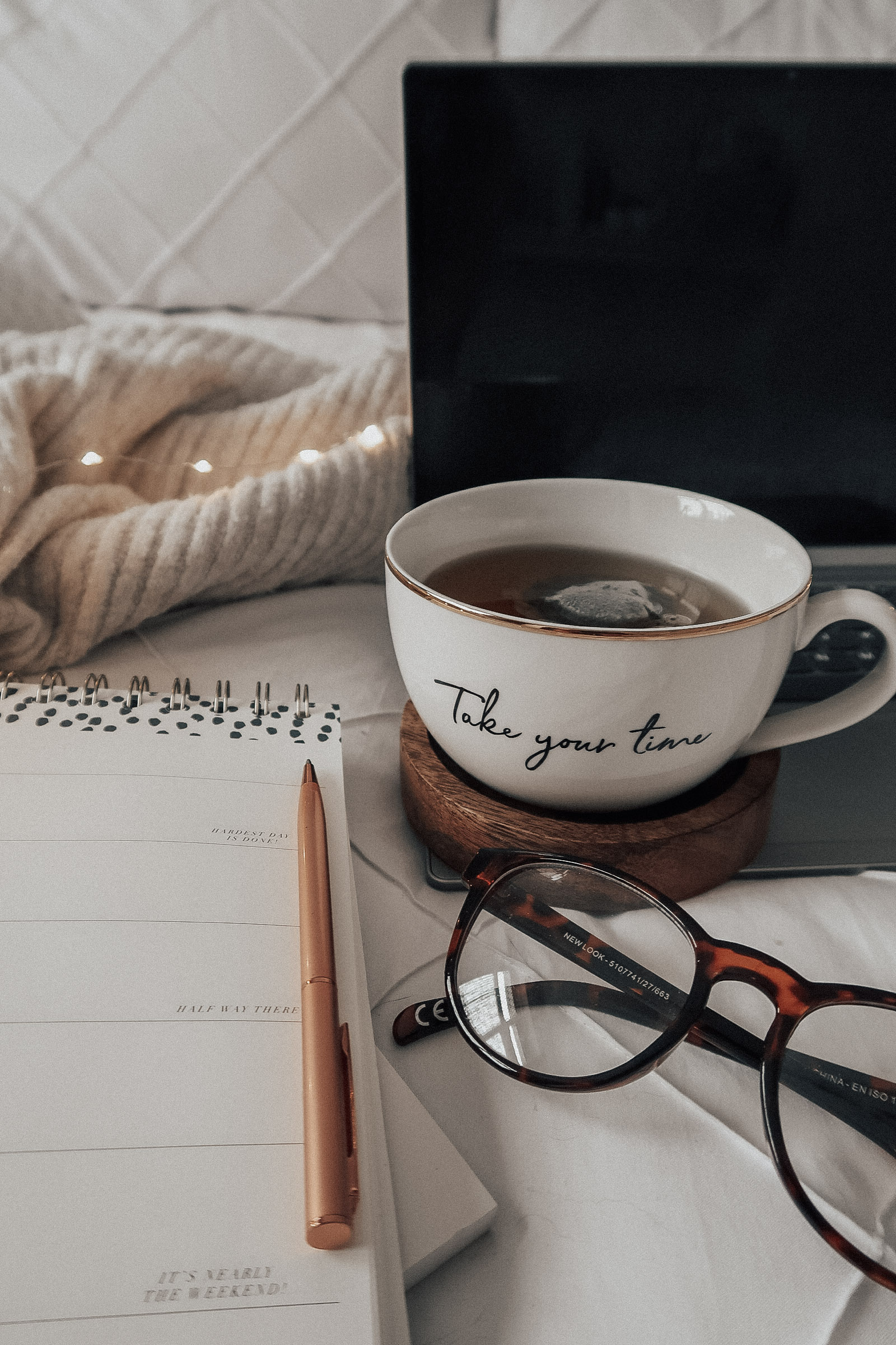 A mug with 'Take Your Time' written on it.