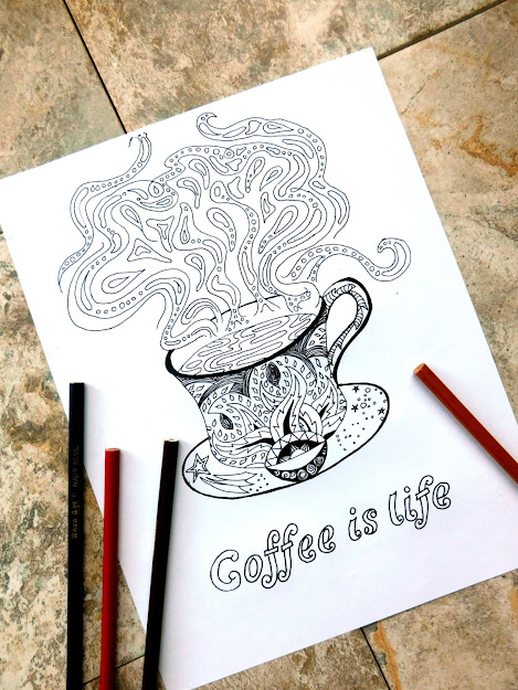 Coffee Coloring Page Coloring Pages Coffee Java Steam Hot Mug Cup  Fancy Table Star Paisley Design Drawing
