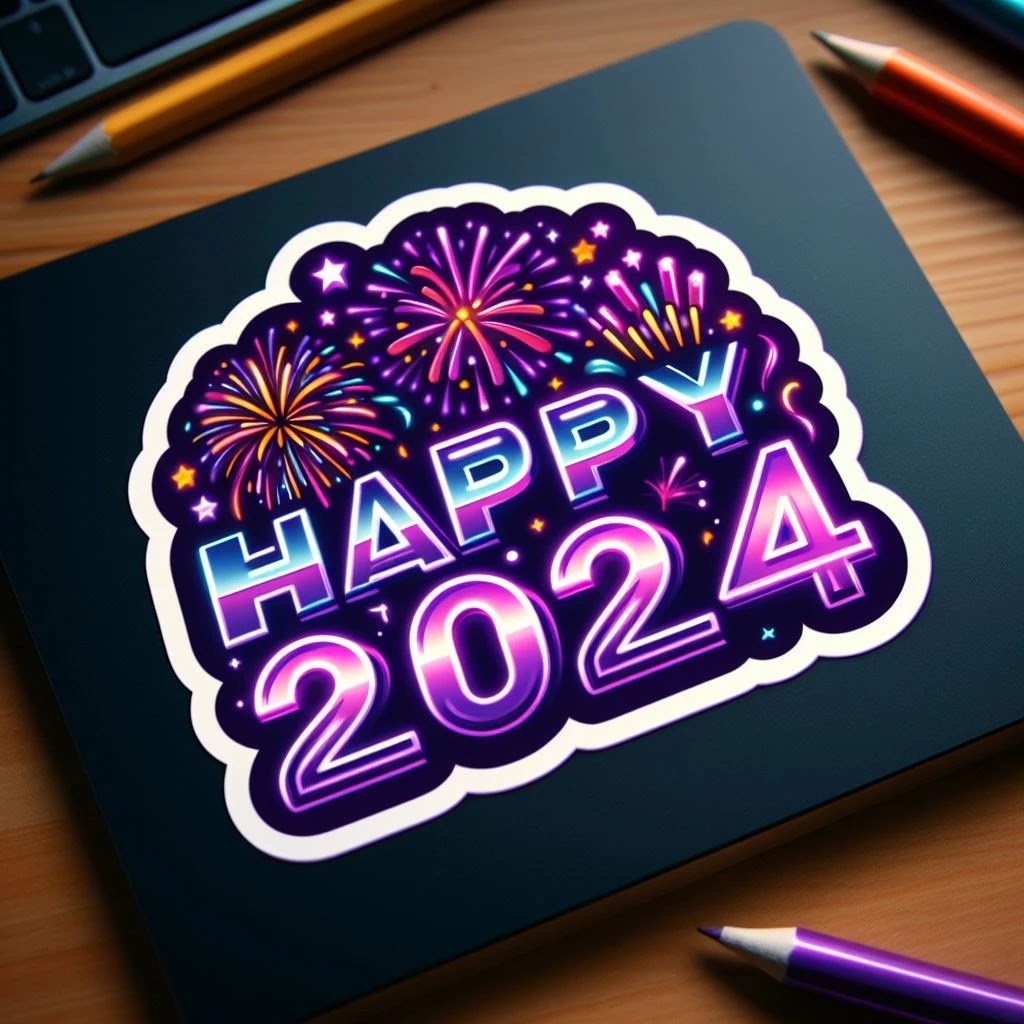 happy 2024 sticker with laptop