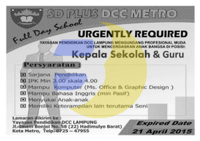 Lowongan Kerja SD Plus DCC Metro, Lampung