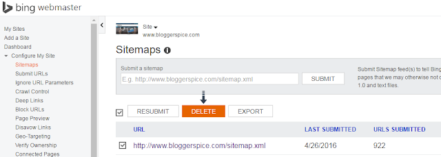 delete sitemap from Bing