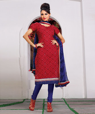 BRAND: Prafful  CATEGORY: Unstitched Suit with Dupatta  COLOUR:  Top: Red  Bottom: Violet  Dupatta: Violet  MATERIAL:  Top: Cotton  Bottom: Cotton  Dupatta: Chiffon