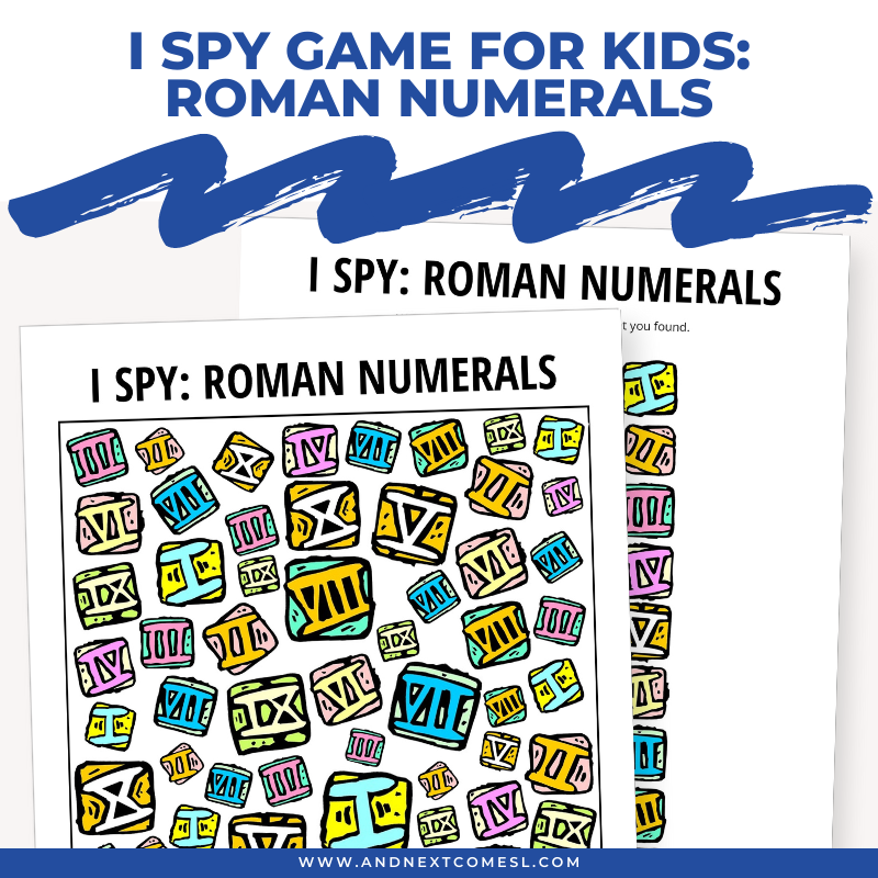 Printable roman numerals I spy game for kids