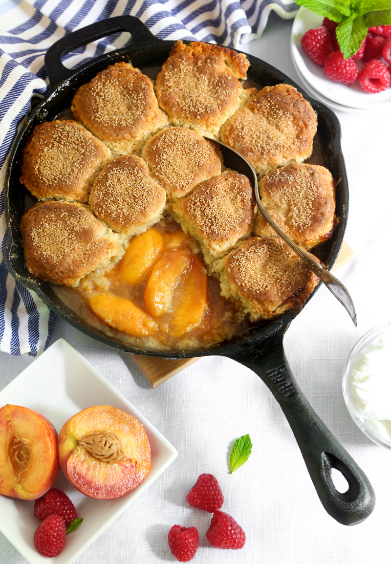 Skillet Peach Cobbler with Biscuit Crust | Sprinkle Bakes