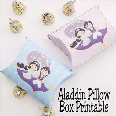 Print this easy and fun Aladdin pillow box for your next Aladdin party or Princess Jasmine party.  It's the perfect party decoration or party favor when filled with yummy treats for all your guests.