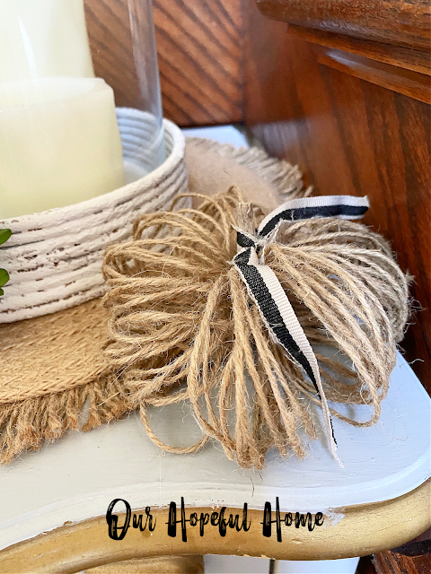DIY saltwash candle holder with cloche and twine pumpkin