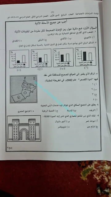 نموذج امتحان الدراسات الاجتماعية للصف السابع الفصل الثاني الدور الاول 2022-2023 محافظة الشرقية