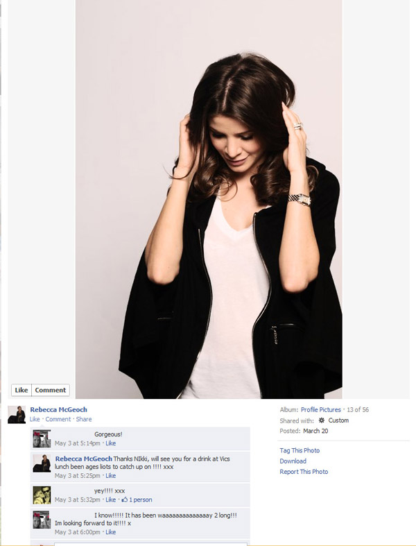 Facebook screenshot, Rebecca McGeoch, Public Relations commercial Portrait for RM Cashmere