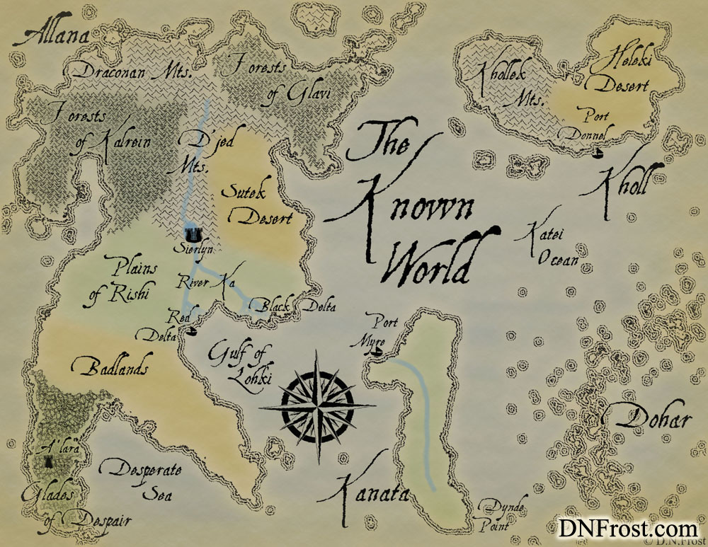 The Known World: an enchanted realm of magic and prophesy www.DNFrost.com/maps #TotKW A map for Awakening by D.N.Frost Part of a series.