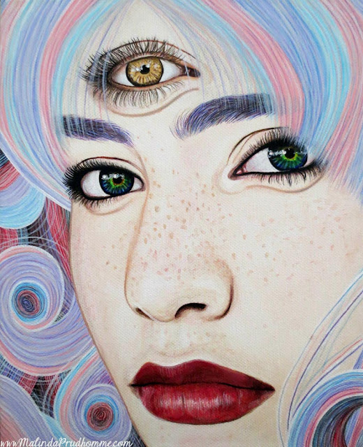 art, artist, artwork, portrait, portrait painting, portrait artist, toronto portrait artist, toronto art, see with your soul, soul, spirit, eyes, golden eye, multicoloured eyes, cotton candy hair, beauty, beauty art, malinda prudhomme, lips, portraiture, realism, mixed media, mixed media artist, face