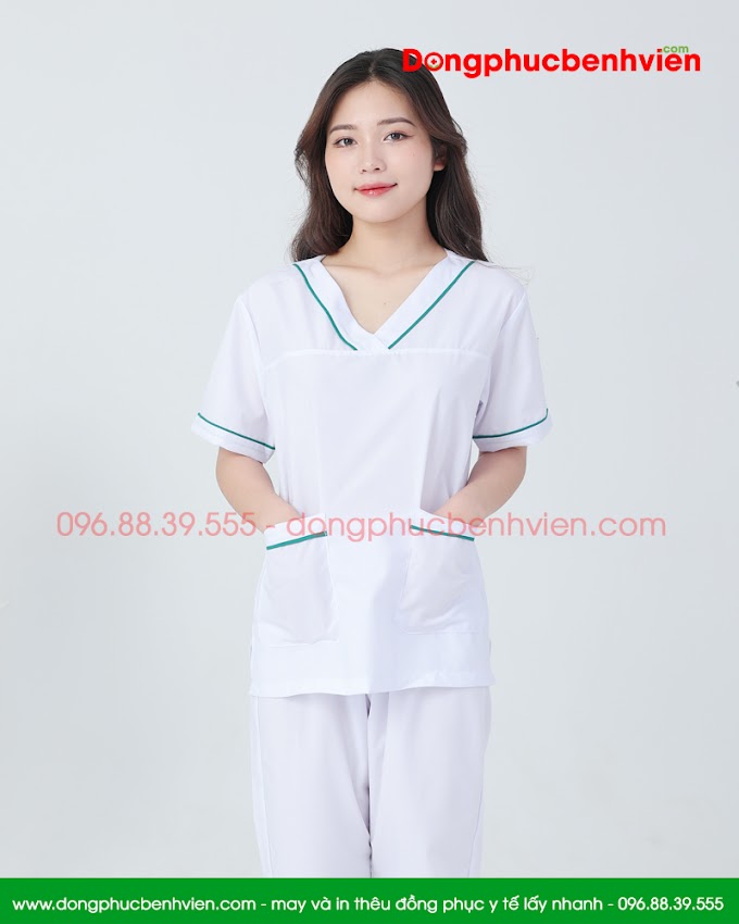 Bộ blouse cổ tim nữ - bộ scrubs kỹ thuật viên màu trắng có viền xanh cộc tay cho bác sỹ, điều dưỡng, dược sỹ