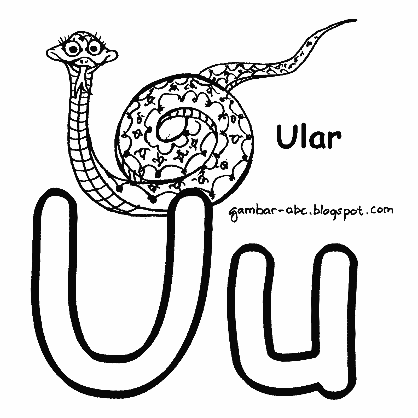 Mewarnai Huruf "U" Gambar Ular - Contoh Gambar Mewarnai