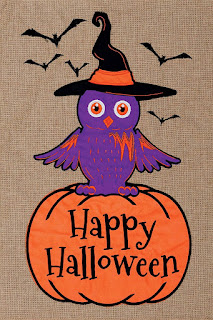 Happy Halloween Garden Flag with a purple owl in a witches hat sitting on a pumpkin