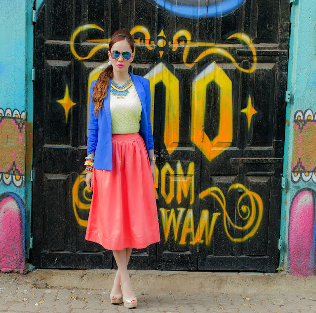 Cobalt Blue Blazer, Yellow Top & Orange Midi Skirt, Vero Moda