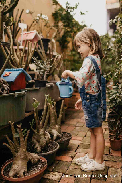 Criança regando flores.