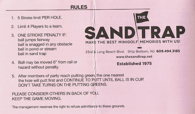 Minigolf scorecard from The Sandtrap at 23rd & Long Beach Boulevard in Ship Bottom, New Jersey, USA. Photo by Pat Sheridan, 2021