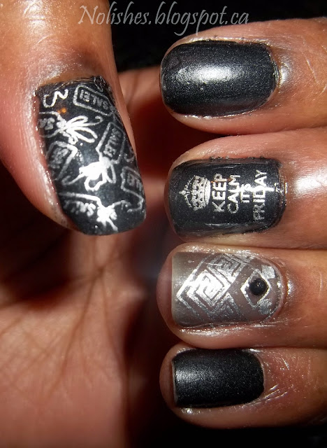 Black Friday themed nail stamping manicure using semi-matte black, silver, and sheer black nail polishes from OPI and Sally Hansen